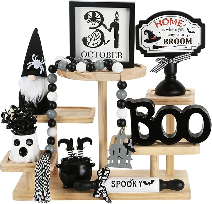 Halloween Decorations 8PCS Tiered Tray Decor, Cute Tabletop Halloween Decor for Home Tray Shelf Mantel Coffee Bar Office Table Centerpieces Farmhouse Rustic Spooky Wood Signs