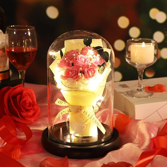 Beauty and The Beast Rose,Lasts Forever Pink Roses,Light Up Rose in Glass Dome,Gifts for Women,Birthday Gifts for Mom,Wife,Grandma,Anniversary,Mothers,Thanksgiving,Christmas Flowers Gifts