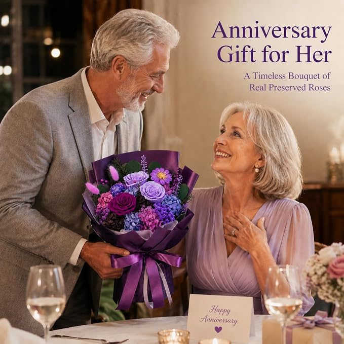 Preserved Purple Rose Bouquet, 100% Real Flowers for Women Mother Wife, Long-Lasting Eternal Roses with Gift Box, Forever Flowers for Anniversary Birthday Mother's Day, Lasts 3-5 Years