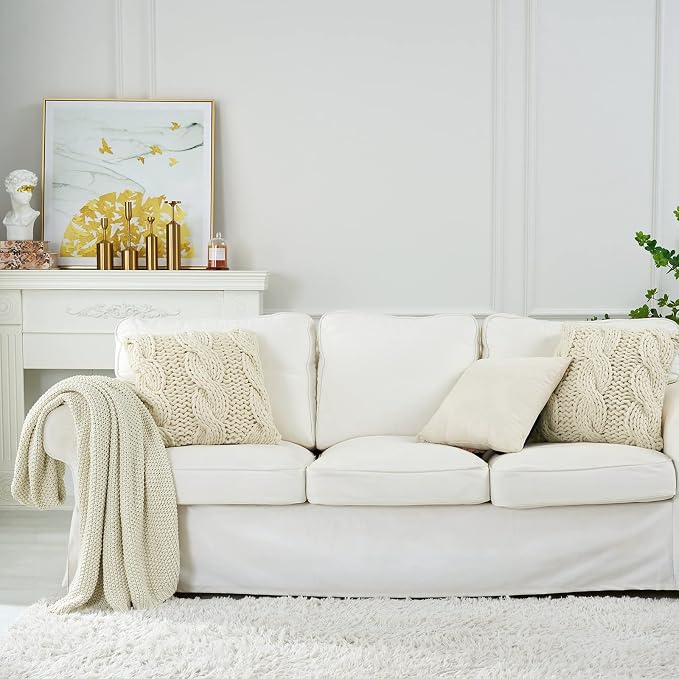 Longhui bedding Chunky Cable Knit Throw Blanket Lightweight Cream 100% Organic Cotton Blanket for Sofa Couch Bed Baby Nursery, Rustic Shabby Chic Modern Farmhouse, 51” x 63” Give Laundering Bag