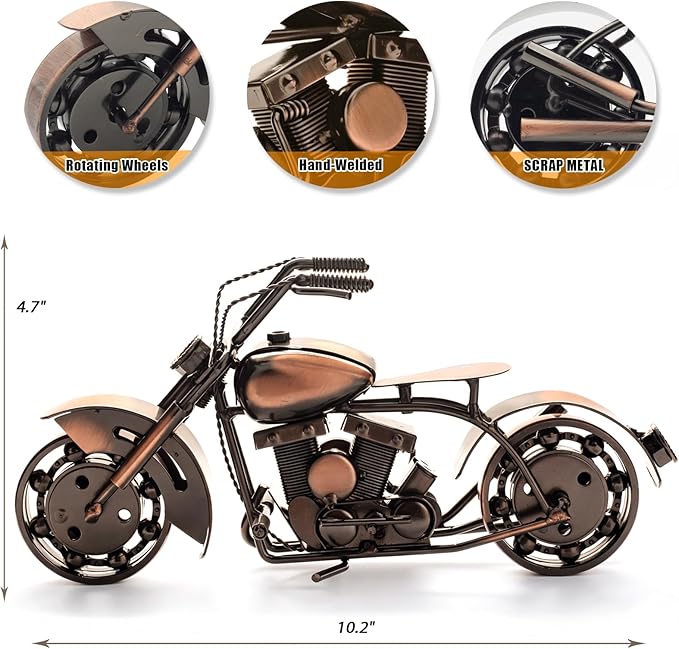 Handmade Vintage Motorcycle Figurine - 10" Scrap Metal Art Sculpture - Motorcycle Gifts for Men & Women, Unique Fathers Day Birthday Gift for Dad Husband Bikers - Man Cave, Office & Home Decor