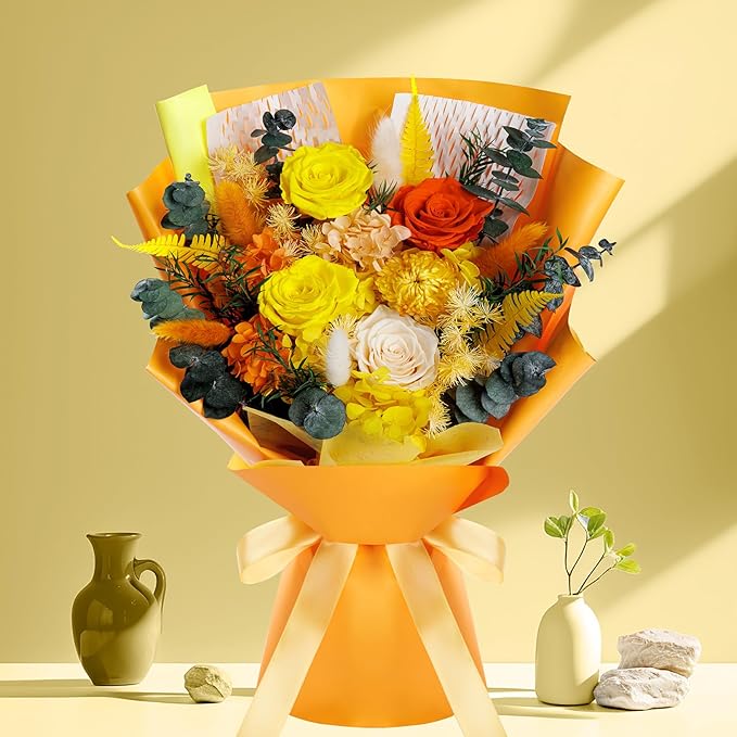 Bonsion Fall Flowers Gifts for Mom, Flower for Delivery, Preserved Roses Bouquets, Birthday Gifts for Women, Mothers Day Flowers for Wife (Orange)