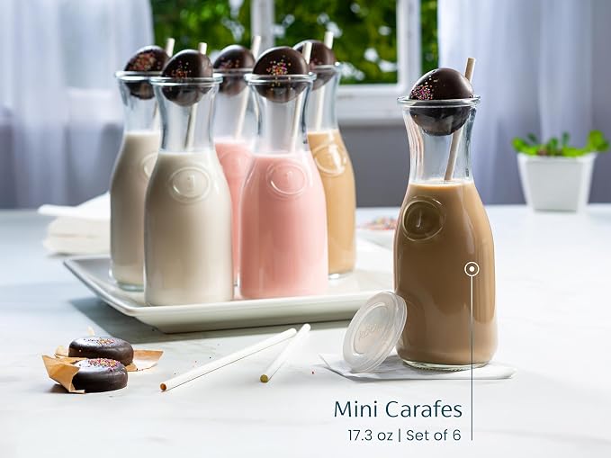 Glass Carafe Pitchers, by Kook, Mini Carafes- set of 6, Beverage Dispensers, Clear Jugs For Mimosas, Water, Wine, Milk and Juice, with Plastic Lids, Dishwasher Safe 17.3 oz