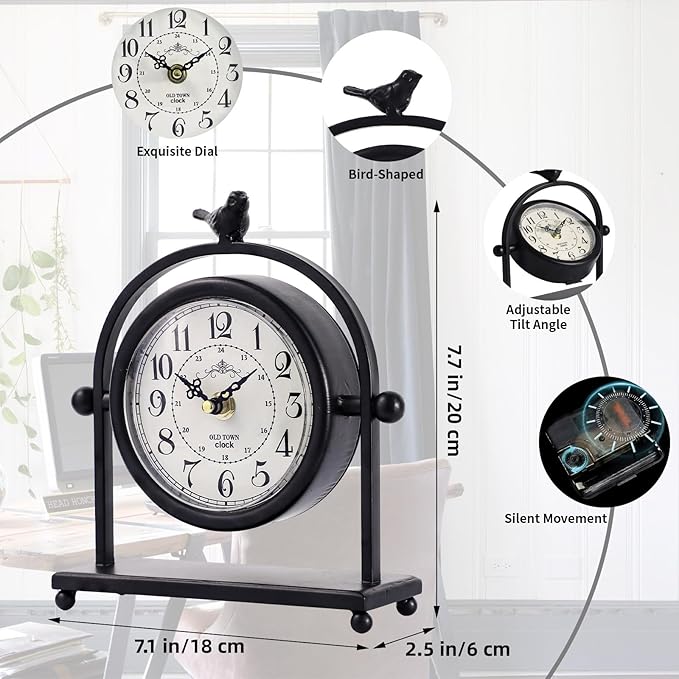 MODE HOME Vintage Farmhouse Table Clock with Bird Topper, Silent Non-Ticking Mantel Clock with Closable Back Cover, Black Iron Decorative Desk Clock for Living Room, Fireplace Mantel & Bedroom, 8 Inch