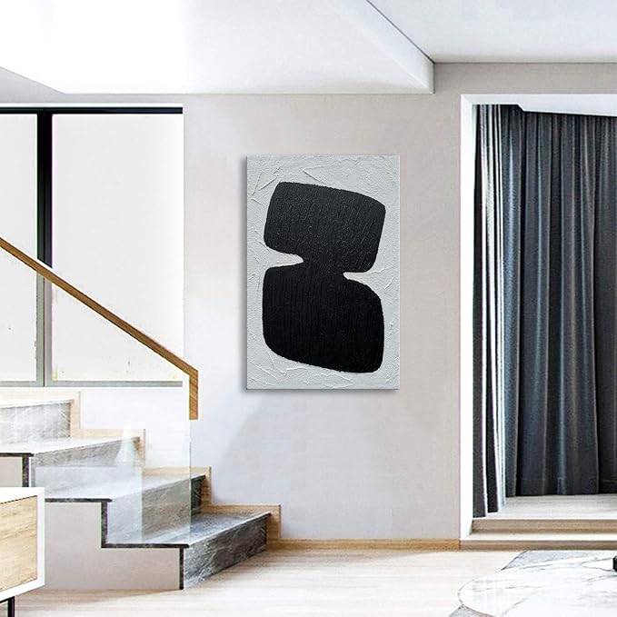 zoinart Hand Painted Black and White Textured Wall Art 24x36 Inches Decorative Oil Paintings on Canvas Abstract Contemporary Art Minimalist Wall Decor