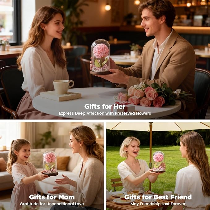 Forever Hydrangeas in Glass Dome,Forever Preserved Flowers Gifts Mothers Day Birthday for Grandma Women Mom Wife,Fresh Flowers for Delivery/Pink Hydrangea