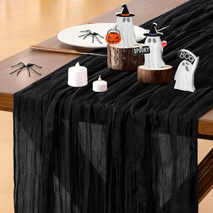 Socomi 3pcs Black Easter Spring Cheesecloth Table Runner Boho Rustic Gauze 120 inch 10FT Cheese Cloth Runner for Wedding Party Baby Shower Birthday Home Decor Holiday Decorations