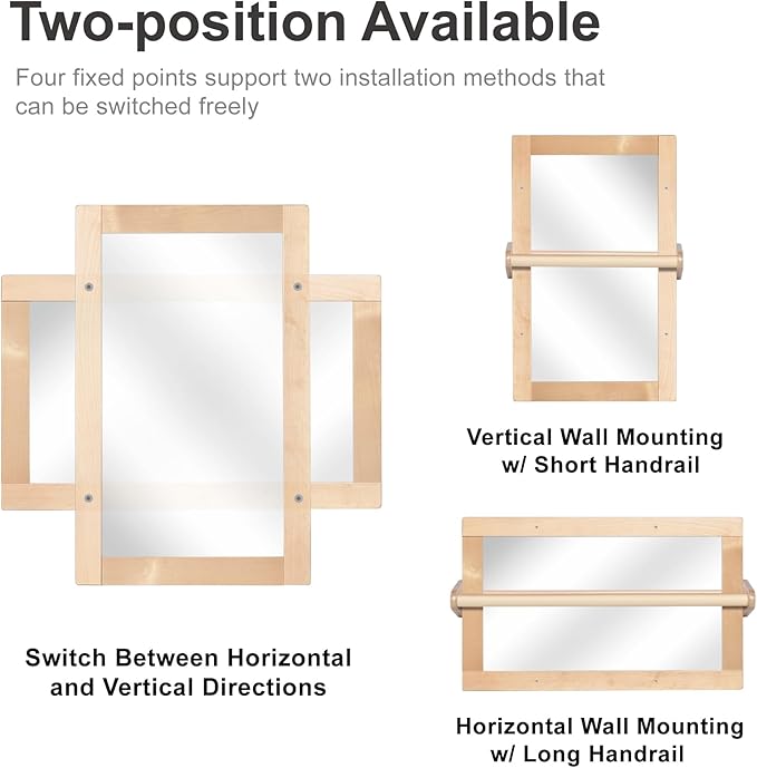 3-in-1 Baby Montessori Wooden Frame Non-Shatter Safety Mirror w/ 2 Pull Up Bars, Infant Coordination Small Mirror for 6-18 Months
