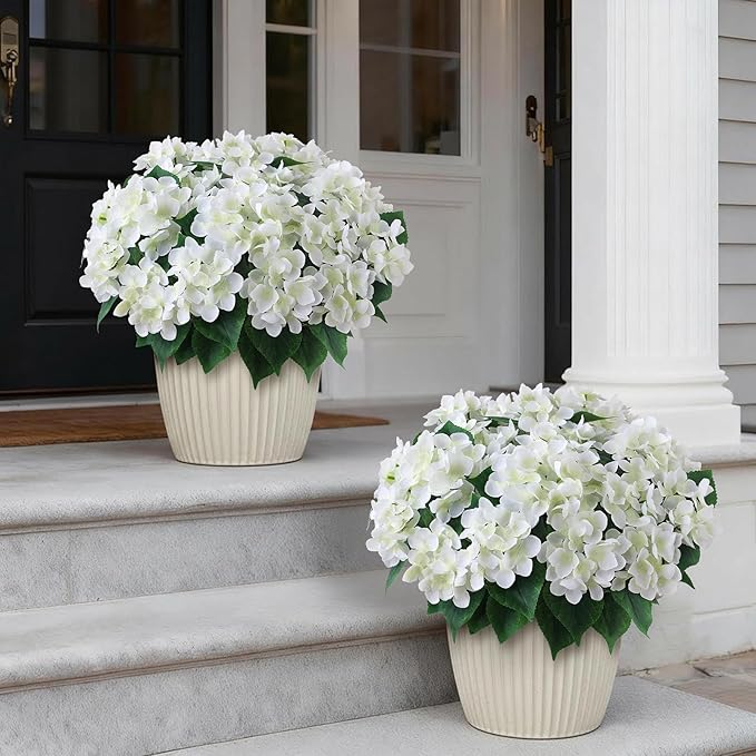 FOTEEWL 16 Bundles Artificial Hydrangea Flowers for Outdoor Decor, Realistic Faux Silk Bouquets Sun-Resistant Fake Plants for Front Door Balcony Farmhouse Garden Home Spring Summer Decor (White)