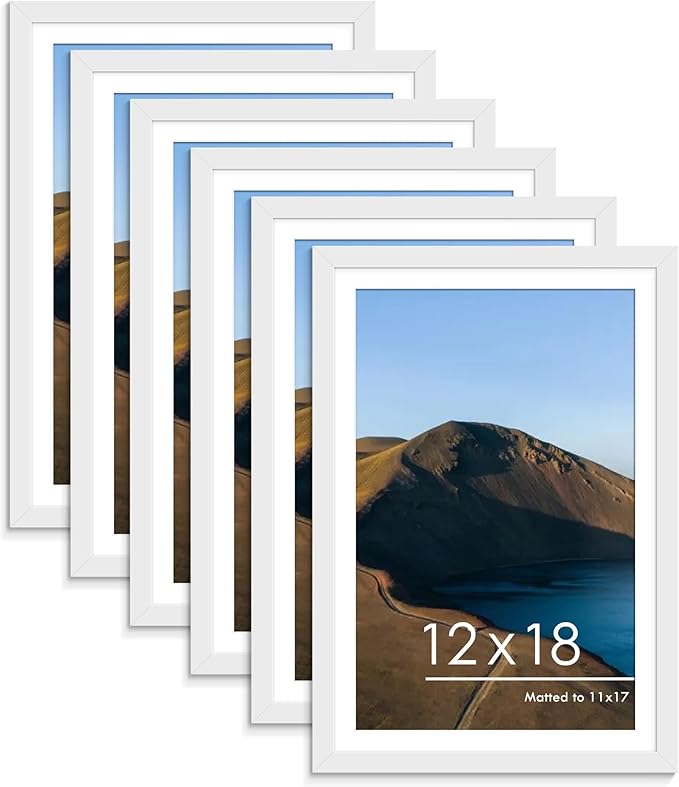 PEALSN 12x18 Picture Frame Set of 6, Display Pictures 11x17 with Mat or 12x18 without Mat for Wall Mounting Display, Photo Frames Collage for Wall Decor, White.