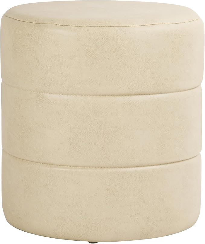 HomePop Upholstered Faux Leather Round Ottoman (No Lid, Seat Only) | HomePop Home Décor | Round Pouf Foot Rest – Cream Faux Leather