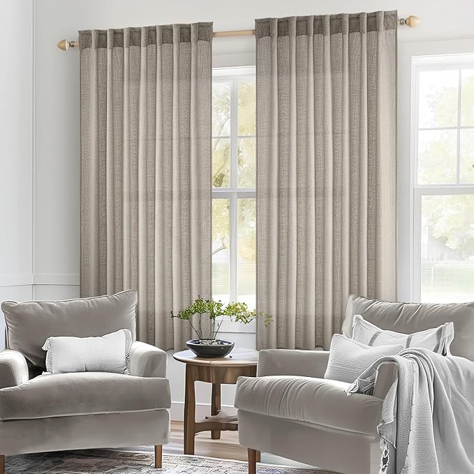 MIULEE Burlywood Birch Linen Curtains 63 Inch Length 2 Panels for Bedroom Living Room, Soft Linen Textured Window Drapes Semi Sheer Light Filtering Back Tab Rod Pocket Farmhouse Burlap Look Decor