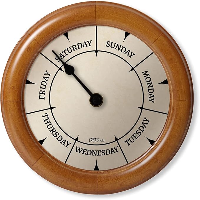 Classic Day of The Week Wall Clock - 10" Solid Pine Wood Frame, Ideal Retirement Gift for Men and Women, Day Clock for Seniors and Retirees