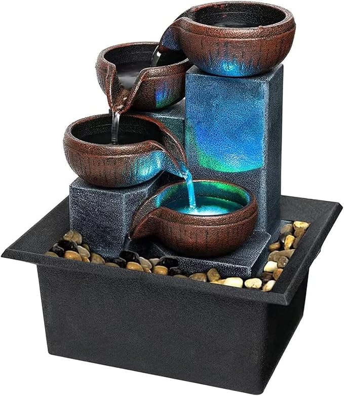 Small Indoor Relaxation Tabletop Fountain, Zen Meditation Waterfall Feature with Color LED Light & Natural Rocks, 4 Level Desk Waterfall for Home Office Bedroom Living Room Decoration (Style 1)
