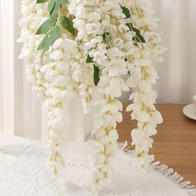 4pcs 47.2-inch Artificial Fake Wisteria Hanging Flower Garland Silk Flower String Home Party Decoration White Blue Pink Purple (White)