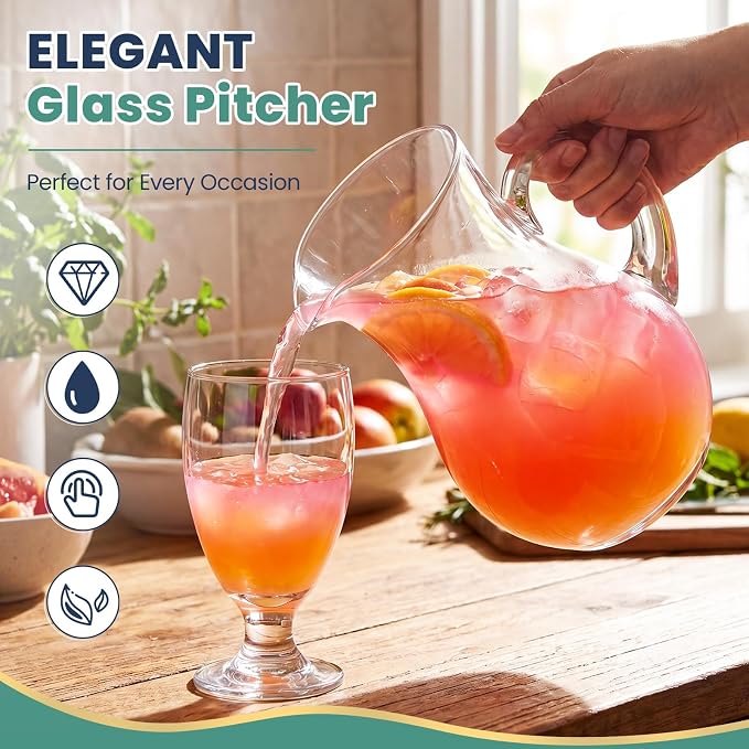LemonRoad 7 Pcs Glasses Pitcher Drinkware Set 40 oz Pitcher Carafe and 6 Tall Drinking Beverage Set, Jug with Lid and Spout for Juice, Iced Tea or Water (Gourd Style)