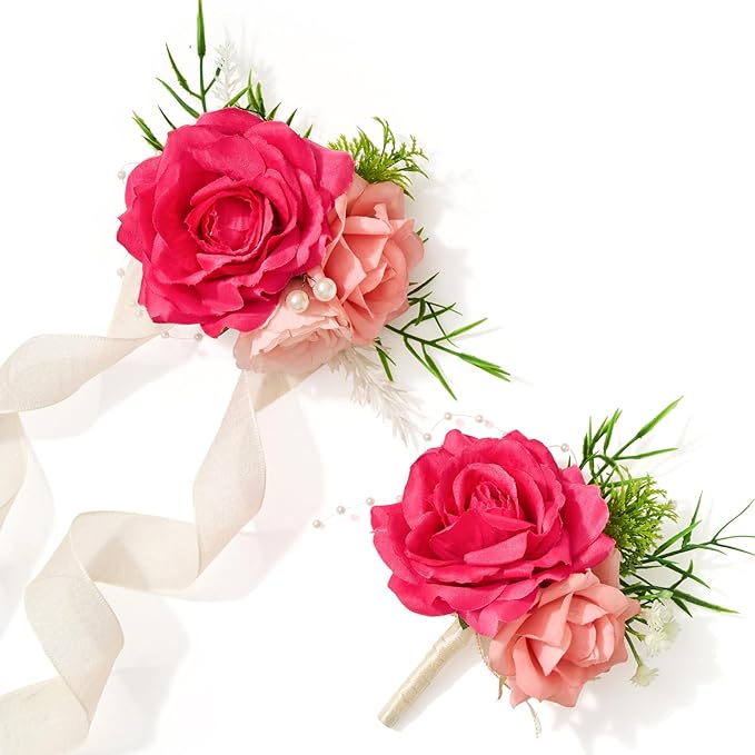 Alecono Hot Pink Corsage and Boutonniere Set, Corsages for Bride Bridesmaid Groom Bridegroom, Artificial Flowers for Prom Graduation Ceremony Anniversary