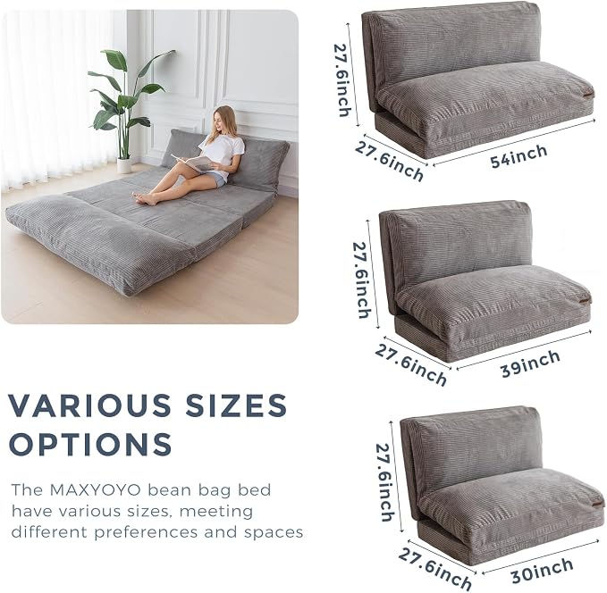 MAXYOYO Folding Sofa Bed, Floor Sofa Convertible Chair with Washable Cover, Floor Couch Lounge Bean Bag Chair Bed for Living Room, Grey, 30x91 Inch