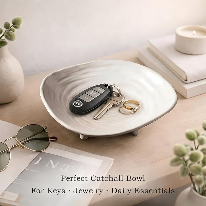 Small Decorative Bowl, 6” Ceramic Key Bowl for Entryway Table, Multi-Purpose Decorative Bowls for Candy, Jewelry and Home Decor（Retro White）
