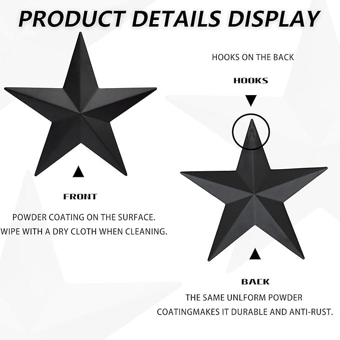 JoyEvy 12" Black Barn Star Wall Decor,Metal Stars Rustic Vintage Western Country Farmhouse Home Indoor or Outdoor Wall Decoration,Texas Stars for House Art Décor(Set of 3)