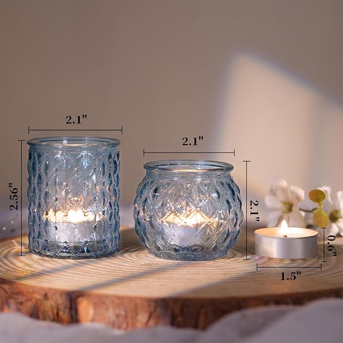 DARJEN 12Pcs Blue Votive Candle Holders- Glass Candle Holder for Vintage Decoration, Tea Lights Candle Holders for Wedding, Party Table Centerpieces & Gift
