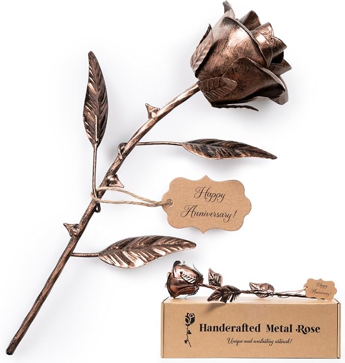 BESZONE 7 Year Anniversary Copper Gift for Her - Metal Rose Copper Gift for Wife 7th Wedding Anniversary for Him Husband Couples, Everlasting Flower 22nd 22 Year Handcrafted Love Stained Artwork