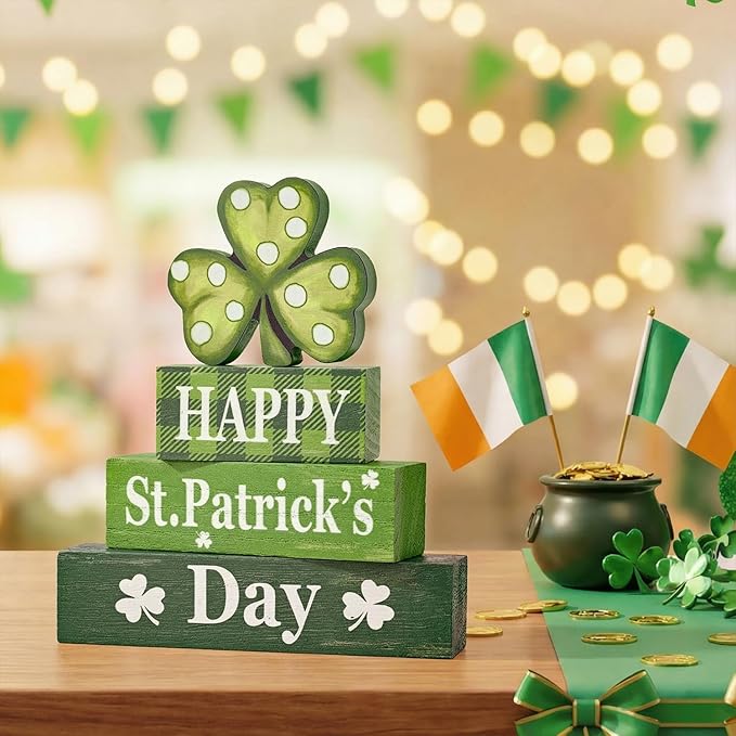 Smile St.Patrick's Day Wooden Stacked Block Decor HAPPY St. Patrick's Day, Shamrock Rustic Tabletop Shelf Lucky Holiday Decoration