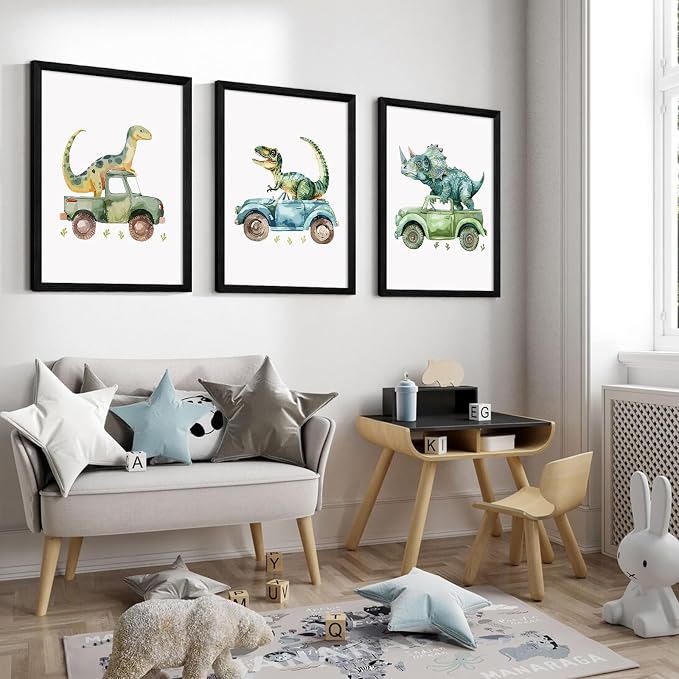 Dinosaur Nursery Wall Art Kids Canvas Poster Baby Boy Nursery Wall Decor Green Dino Pictures Toddler Prints Cartoon Dino Car Painting Boys Room Artwork for Bedroom Bathroom 16x24x3 Inch Wood Framed