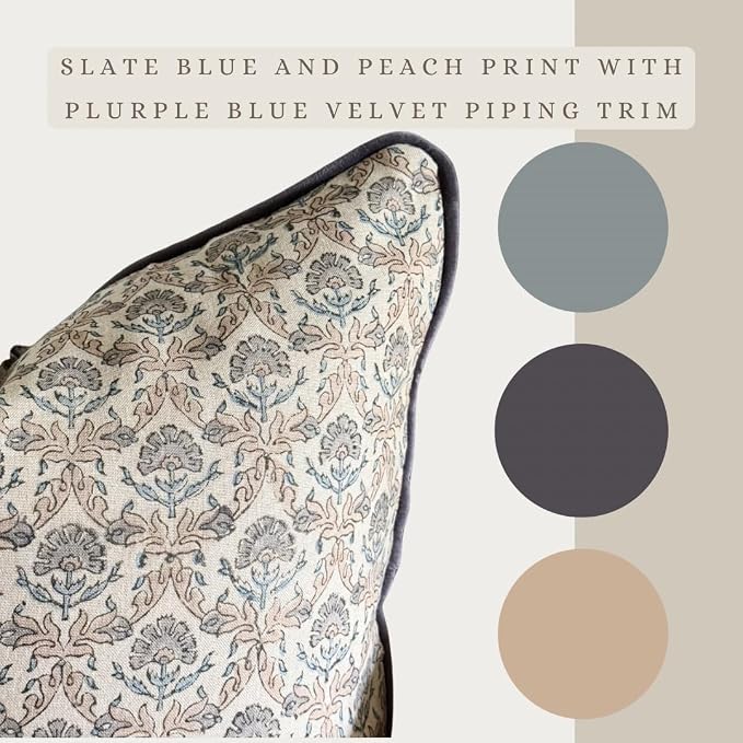 Palm & Loom 100% Cotton Linen - Long Lumbar Cushion Cover - Ziya Elegant Throw Pillow Case with Blue & Peach Print with Piping - Modern Traditional Living Room, Sofa, Bedroom Pillow Cover-14x36 Inch