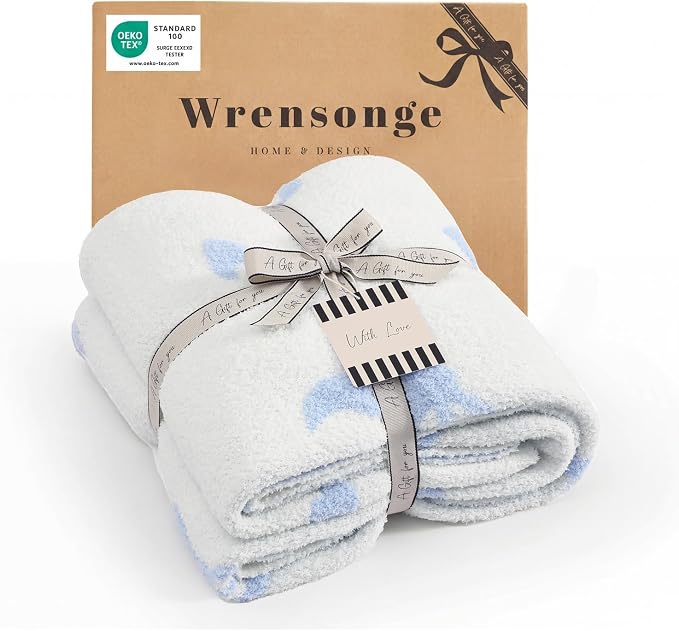 WRENSONGE Soft Throw Blanket for Couch-Cozy Reversible Knitted Blankets | Lightweight Warm Fluffy Decor for Women, Mom, Her & Girls, Sofa, Chair, Bed, 50x60in,Bubble Bowknot Blue