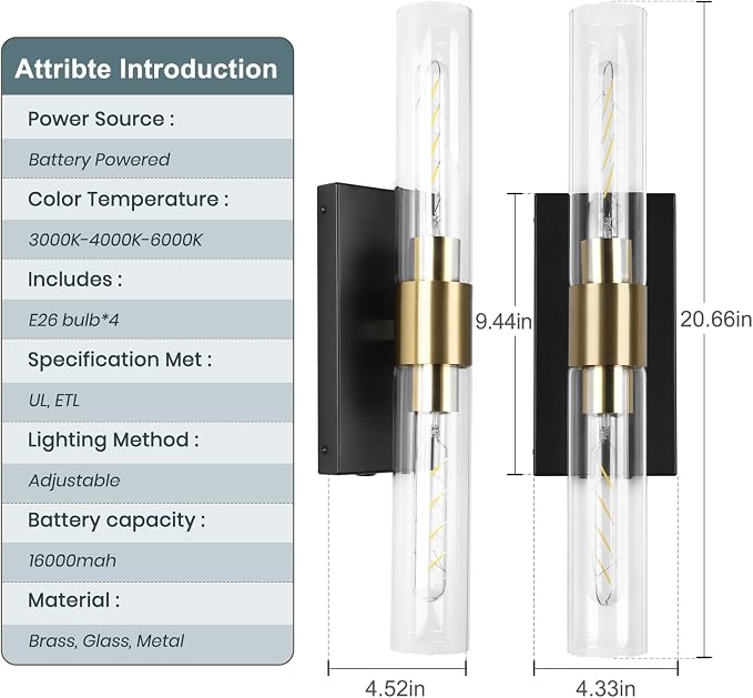 Wall Sconce Set of Two, Battery Operated Wall Sconce, Rechargeable Wall Lamp with Remote, Indoor Non-Hardwired Wall Sconces, Modern Vanity Light for Bedroom, Hallway, Aisle