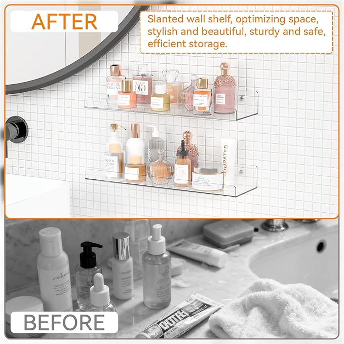 Yieach 4 Pack 15" Acrylic Shelves for Wall,Bathroom,Bedroom - with Adhesive - No Drilling Clear Floating Shelves for Funko Pop,Lego,Action Figures,Nail Polish,Perfume Shelf and Wall Storage & Display
