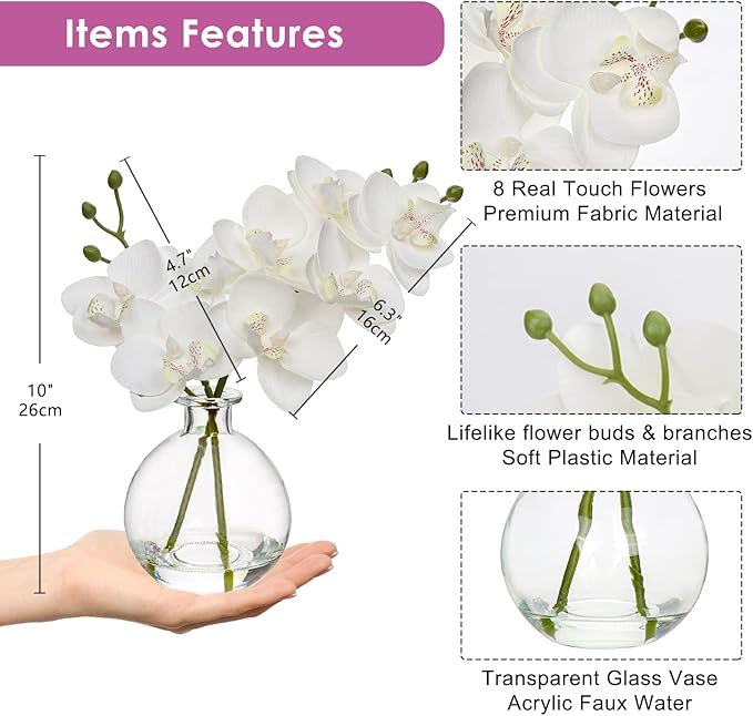 Oairse White Orchids Artificial Flowers Faux Orchid Arrangement with Clear Glass Vase Set of 2 Real Touch Phalaenopsis Orchid Flowers Orchid Centerpiece for Dining Room Table