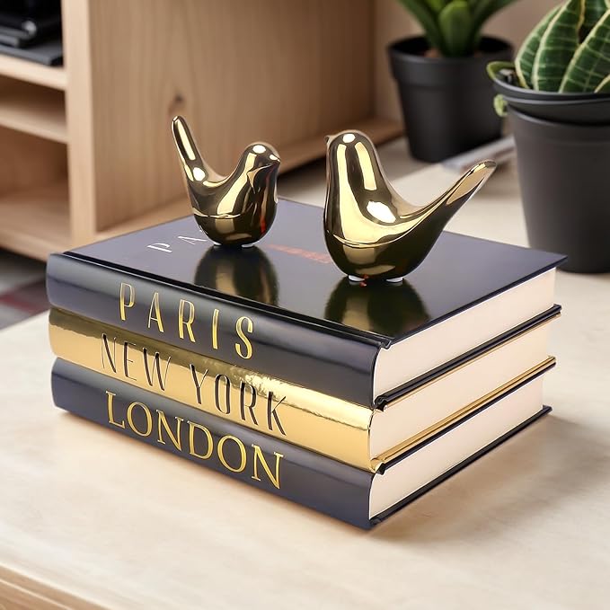 Decorative Books for Home Decor with Small Birds Statues Gold Home Decoration, Modern Style Coffee Table Book Decor, Stacked Books for Bedroom, Living Room, Office Desktop, Cabinets Shelf Decor