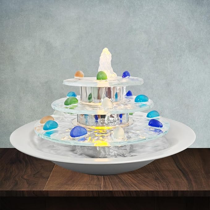 Pamopamo Indoor Tabletop Fountain 3-Tier Waterfall, Zen Meditation Fountains with LED Light, Home Desktop Soothing Sound Meditation Relaxing Water Feature for Office Room Table Decoration
