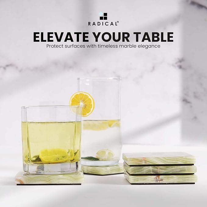 Radicaln Green Onyx Marble Coasters Set of 6 Handmade 3.5" Inch Square Coasters for Drinks, Ideal Coaster Set for Dining & Coffee Tables Decor