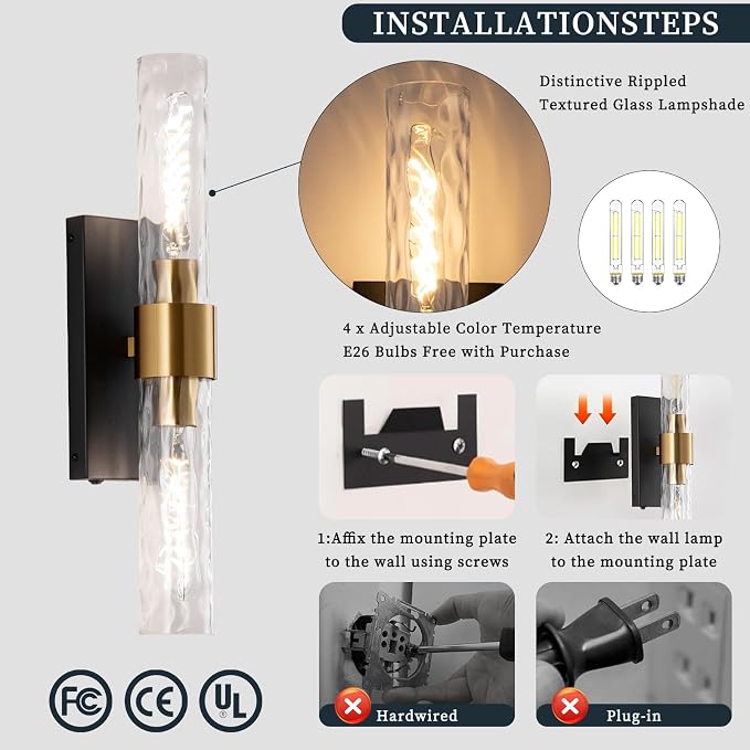 Rechargeable Wall Sconce Set of 2, Battery Operated Wall Sconce, Wireless Wall Lamp with Water Ripples Glass Tube, Non-Hardwired Wall Sconces, Modern Vanity Light Fixtures for Bedroom, Hallway, Aisle