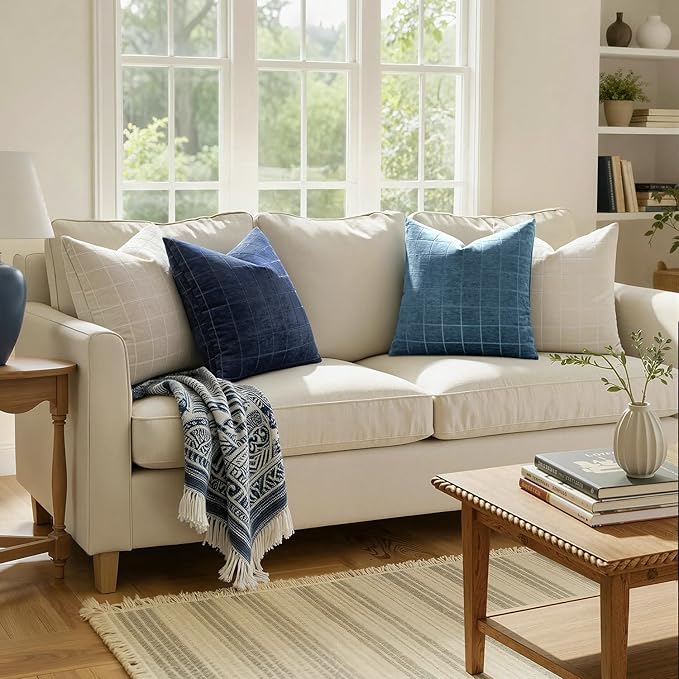 MIULEE Decorative Chenille Check Throw Pillow Covers Vintage Plaid Couch Pillows 20x20 Inch Set of 2 Neutral Boho Farmhouse Cushion Covers Modern Spring Coastal Decor for Sofa Bed Living Room Blue