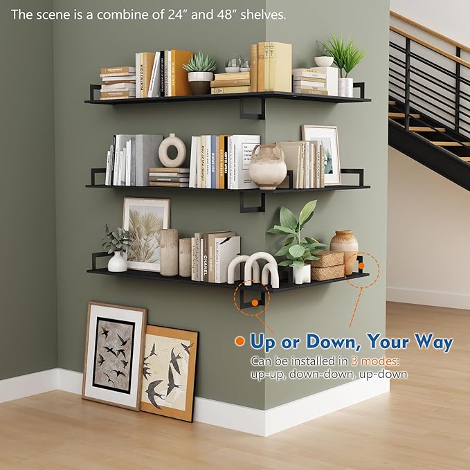 Harwaya 24 Inch Floating Shelves for Wall Set of 3, Wall Mounted Bookshelf, 8 Inches Deep Hanging Book Shelves for Living Room Bedroom Office Decor Closet Storage (Black)