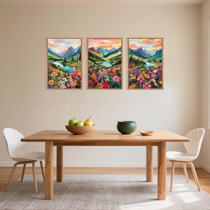 Colorful Wildflower Blossom Framed Canvas Wall Art Set,Mountain Flowers Wall Painting, Abstract Landscape Wall Decor,Natural Floral Artwork for Living Room,Dining Room,Office-16 x24 x3