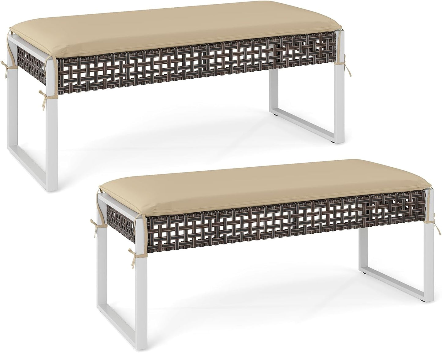 Tangkulka Outdoor Ottoman, Patio Rattan Heavy Duty Wicker Footrest with Soft Cushion & Metal Frame, Extra Seating, for Porch, Backyard, Lawn and Poolside (2)