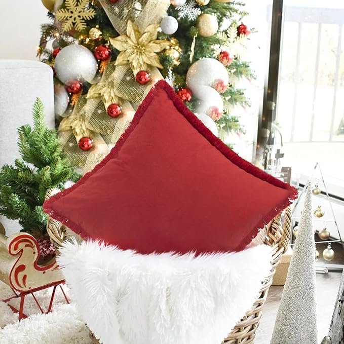 ZWJD Red Pillow Covers 18x18 Set of 2 Throw Pillows with Fringe, Chic Cotton Decorative Square Cushion Covers for Sofa, Couch, Bed, Living Room, Farmhouse, Boho Decor