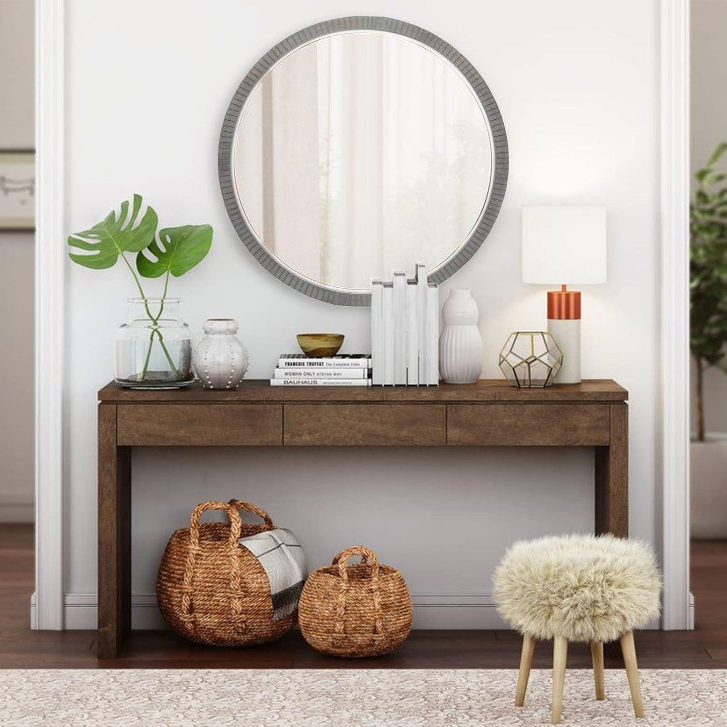 35" Round Wood Mirror, Rustic Circle Wall Mirror with Beveled, Wooden Round Mirror for Wall Decor, Decorative Wall-Mounted Mirror for Entryway, Living Room, Washed Gray Frame