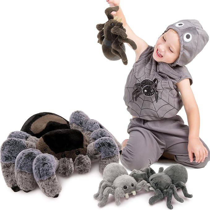MorisMos 4Pcs Large Spider Plush, 16inch Mommy Spider Stuffed Animals with 3 Babies, Realistic Plush Toys, Soft Cuddly for Kids Boys Girls