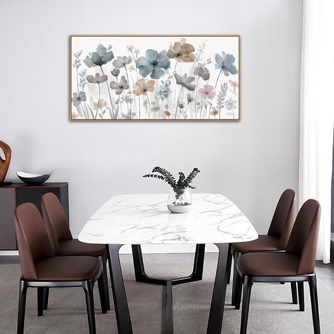 yearainn Framed Elegant Watercolor Floral Wall Art – Blue and Taupe Botanical Flowers Picture, Soft Abstract Floral Painting Artwork for Home Wall Decor, Ready to Hang, Natural Wood Frame, 24" x 48"