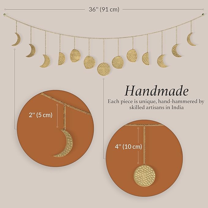 BASE ROOTS Moon Phase Wall Decor, Gold Wall Decor for Bedroom & Living Room, Bohemian Wall Decor, Handmade Hammered Metal 36" 13 Phases Moon Wall Decor, Celestial Wall Art, Gift for Women & Kids