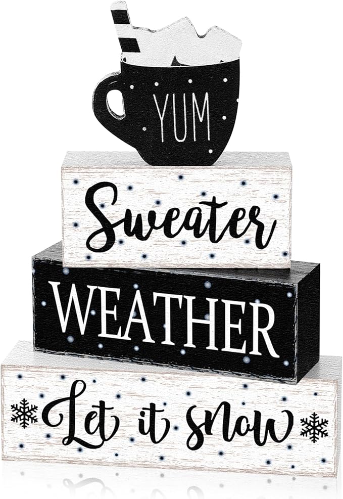 Marsui 4 Pcs Winter Wooden Tabletop Decor Rustic Hot Cocoa Block Sign Gift Farmhouse Christmas Tiered Tray Centerpiece Winter Decor for Home Office Desk Shelf Mantel