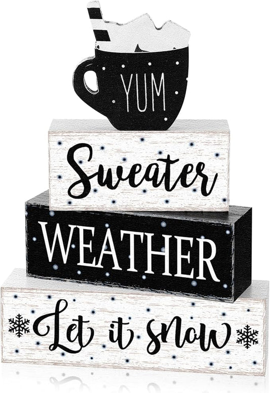 Marsui 4 Pcs Winter Wooden Tabletop Decor Rustic Hot Cocoa Block Sign Gift Farmhouse Christmas Tiered Tray Centerpiece Winter Decor for Home Office Desk Shelf Mantel