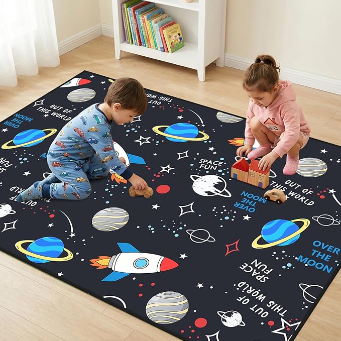 Space Rug 3x5 Feet, Kids Rugs for Playroom Bedroom, Solar System Rug with Rocket Planet Stars Pattern, Galaxy Area Rugs for Boys Room Nursery Classroom, Dark Blue