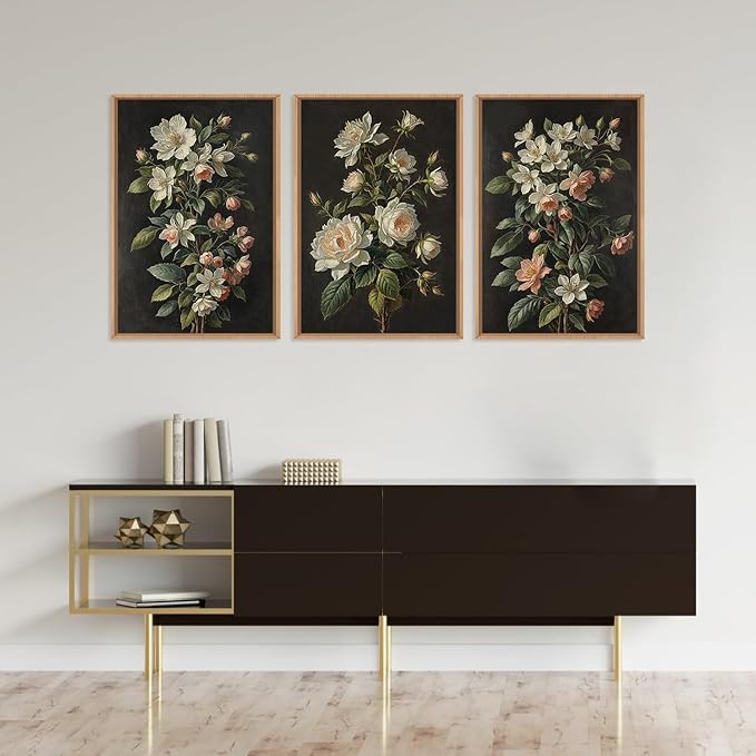 Large Dark Moody Flowers Framed Canvas Print Wall Art Set,Vintage Antique Black Botanical Wall Decor,Retro Modern Elegant Peony Floral Artwork for Living Room,Office,Bedroom-24 x36 x3